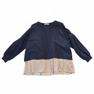 USED Anthropologie Navy Blue Blouse with Striped Hem